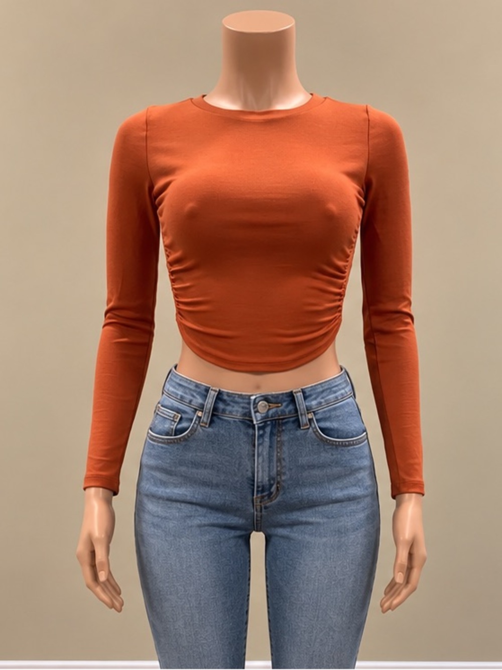 OOTDFash Rust Backless Ruched Tie Back Long Sleeve Crop Top Y2K XS